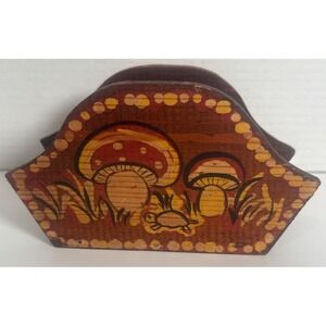 Vintage Wooden Painted Napkin Holder Mushroom Butterfly Design MCM 3.5"H x 5"W